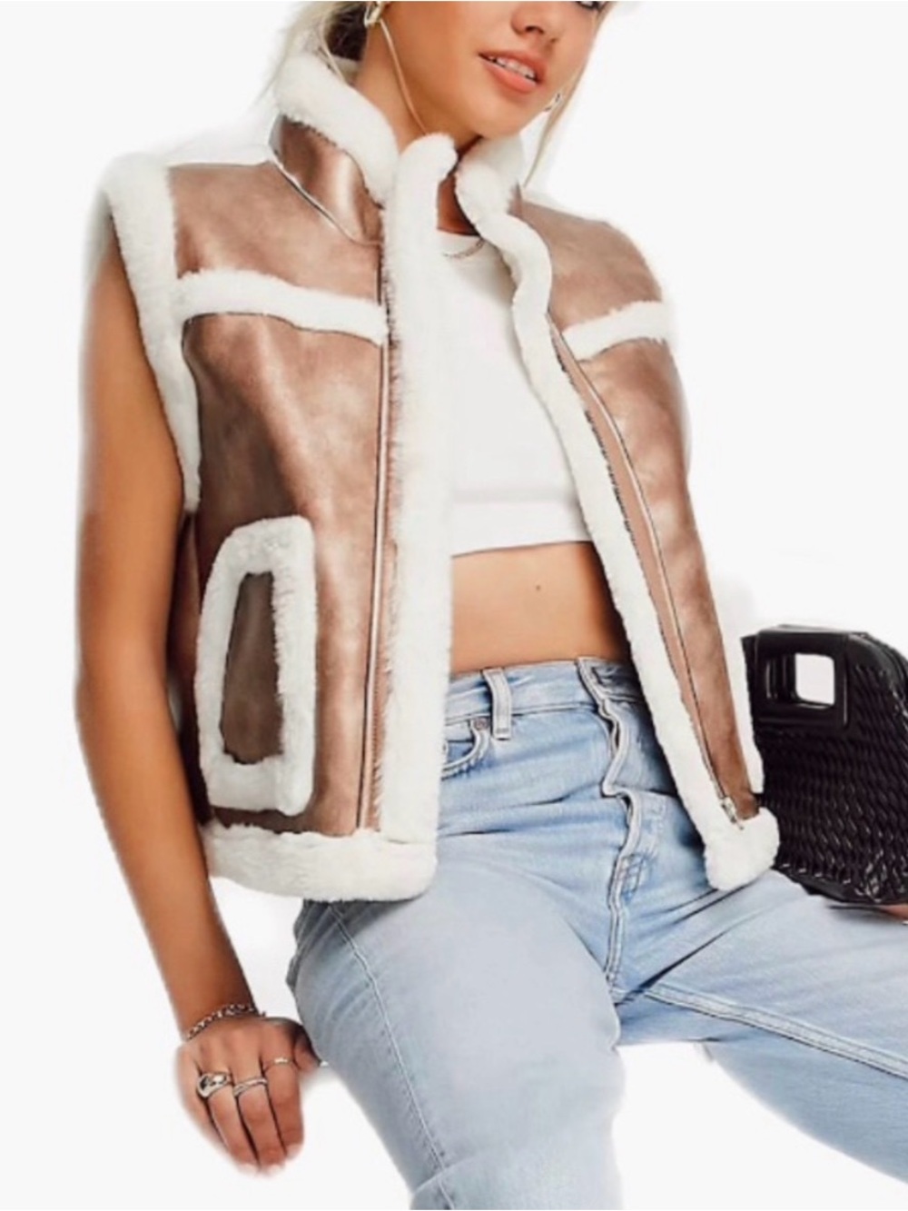 French Connection Taupe Faux-Shearling Trim Vest